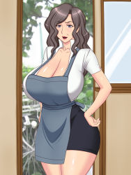 Rule 34 | 1girl, apron, blush, breasts, brown hair, cleavage, curvy, door, hands on own hips, highres, hip focus, housewife, huge breasts, lipstick, long hair, makeup, mature female, purple eyes, shirt, skirt, solo, standing, white shirt, wide hips, window, yukijirushi nyugyou