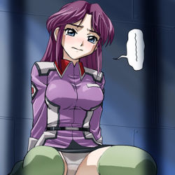 Rule 34 | 00s, 1girl, breasts, couple, dress, flay allster, green thighhighs, gundam, gundam seed, haruyama kazunori, large breasts, lowres, military, military uniform, panties, pantyshot, ponytail, pout, prison, red hair, solo, thighhighs, underwear, uniform