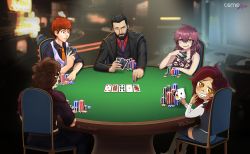 Rule 34 | 2girls, 3boys, beard, card, collaboration, dress, facial hair, formal, highres, lucifer (mythology), multiple boys, multiple girls, osmedraw, playing card, playing games, poker, poker chip, poker table, self-upload, sitting, smile, suit, table, window