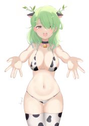 Rule 34 | 1girl, animal ears, animal print, antlers, anyacchi, bad id, bad pixiv id, bell, big belly, bikini, braid, breasts, ceres fauna, cleavage, collar, cow ears, cow girl, cow horns, cow print, cow print bikini, female focus, green hair, hair ornament, highres, hololive, hololive english, horns, large breasts, long hair, mole, mole under eye, navel, neck bell, print bikini, print thighhighs, signature, single braid, skindentation, smile, solo, stomach, swimsuit, thighhighs, virtual youtuber, yellow eyes