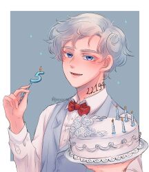 Rule 34 | 1boy, absurdres, blue eyes, blue vest, bow, bowtie, cake, candle, food, grey hair, highres, holding, holding candle, male focus, neck tattoo, norman (yakusoku no neverland), number candle, number tattoo, open mouth, parfaitrine, red bow, red bowtie, shirt, short hair, solo, tattoo, vest, white shirt, yakusoku no neverland