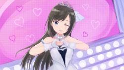 Rule 34 | &gt; o, 10s, alternate costume, alternate hairstyle, asashio (kancolle), bad id, bad pixiv id, bare shoulders, black hair, blue eyes, dress, eyebrows, gloves, heart, heart hands, highres, idol, idolmaster, idolmaster cinderella girls, jewelry, kafuu kaya, kantai collection, long hair, looking at viewer, necklace, one eye closed, parted lips, solo, white gloves
