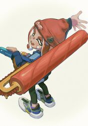 Rule 34 | 1girl, bandage on face, bandages, beanie, big swig roller (splatoon), black pants, blue footwear, blue jacket, closed eyes, fang, happy, hat, highres, holding, holding weapon, humanlynn, inkling (language), jacket, looking back, nintendo, octoling, octoling girl, octoling player character, open mouth, outstretched arm, over shoulder, pants, red hat, short hair, simple background, solo, splatoon (series), splatoon 3, tentacle hair, thick eyebrows, weapon, weapon over shoulder, white background