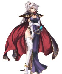 Rule 34 | 1girl, amiba (nerdamiba), anklet, armlet, blue eyes, boots, bracelet, breasts, cape, cleavage, cleavage cutout, clothing cutout, dress, earrings, elbow gloves, fire emblem, fire emblem: genealogy of the holy war, fire emblem heroes, full body, gem, gloves, highres, holding own arm, ishtar (fire emblem), jewelry, large breasts, long hair, magician, nintendo, ponytail, ring, side ponytail, side slit, sidelocks, silver hair, solo, thigh boots, thighhighs, thighs, transparent background