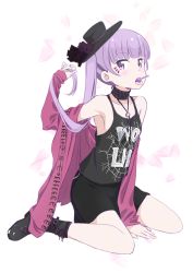 Rule 34 | 1girl, between legs, black footwear, black hat, black shirt, black skirt, boots, breasts, candy, choker, collarbone, food, hand between legs, hat, highres, holding, holding hair, lollipop, long hair, makicha, miniskirt, new game!, open mouth, purple eyes, purple hair, shirt, sideboob, simple background, sitting, skirt, sleeveless, sleeveless shirt, small breasts, solo, suzukaze aoba, twintails, very long hair, white background