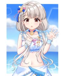 Rule 34 | 1girl, :o, bare shoulders, blue choker, blue ribbon, blurry, blurry background, blush, braid, braided bangs, breasts, brown eyes, choker, collarbone, commentary request, crop top, day, depth of field, go to paradise (idolmaster), grey hair, hair ornament, hair ribbon, hands up, highres, hisakawa nagi, idolmaster, idolmaster cinderella girls, idolmaster cinderella girls starlight stage, long hair, looking at viewer, mitsumine raimu, navel, parted lips, ribbon, skirt, small breasts, solo, very long hair, water, white skirt, wrist cuffs
