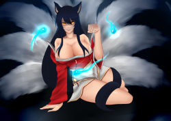 Rule 34 | 1girl, absurdres, ahri (league of legends), animal ears, bare shoulders, black hair, breasts, cleavage, detached sleeves, fox ears, fox tail, glowing, gradient background, highres, hitodama, huge breasts, korean clothes, league of legends, lips, long hair, multiple tails, ohkuu, paw pose, sitting, smile, solo, tail, yellow eyes