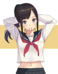 Rule 34 | 1girl, arms behind head, arms up, black hair, black sailor collar, black skirt, blue eyes, closed mouth, collarbone, commentary request, crop top, crop top overhang, floating hair, hair tie, hair tie in mouth, highres, itachi kanade, long hair, long sleeves, looking at viewer, midriff, mouth hold, navel, neckerchief, original, pleated skirt, ponytail, red neckerchief, sailor collar, sanpaku, school uniform, serafuku, shirt, sidelocks, skirt, smile, solo, stomach, two-tone background, upper body, white background, white shirt, yellow background