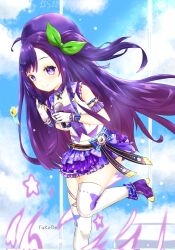 Rule 34 | 1girl, beret, blue sky, bow, bowtie, cloud, gloves, green bow, green bowtie, hat, highres, idol, idol clothes, miniskirt, natsumi hachi, nijigen project, purple eyes, purple hair, skirt, sky, smile, star (symbol), thighhighs, tukedo, virtual youtuber, white thighhighs