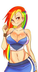 Rule 34 | 1girl, bare shoulders, breasts, cleavage, contrapposto, crop top, fringe trim, groin, highres, huge breasts, large breasts, long hair, maniacpaint, midriff, miniskirt, multicolored hair, my little pony, my little pony: friendship is magic, navel, personification, rainbow dash, rainbow hair, red eyes, simple background, skirt, smile, solo, standing, sweatband, white background