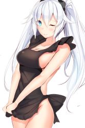 Rule 34 | 1girl, ;), apron, black apron, black heart (neptunia), black ribbon, blue eyes, blush, breasts, cleavage, collarbone, commentary request, cowboy shot, daiaru, frilled apron, frills, hair between eyes, long hair, looking at viewer, medium breasts, naked apron, neptune (series), no bra, no panties, noire (neptunia), one eye closed, power symbol, power symbol-shaped pupils, ribbon, silver hair, simple background, smile, solo, symbol-shaped pupils, twintails, white background