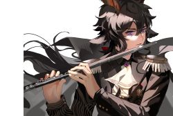 Rule 34 | 1boy, absurdres, arknights, ascot, black hair, brooch, ebenholz (arknights), epaulettes, flute, highres, holding, holding instrument, instrument, jewelry, leleyoukuailele, long hair, long sleeves, looking at viewer, male focus, music, playing instrument, purple eyes, simple background, solo, upper body, white ascot, white background