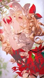 Rule 34 | 1girl, apple, ascot, biting, black choker, blonde hair, blush, bow, branch, choker, commentary, cowboy shot, crystal, dress, flandre scarlet, food, frilled sleeves, frills, fruit, hair between eyes, hands up, hat, hat bow, highres, holding, holding food, holding fruit, leaf, leaning forward, lips, looking up, majamari, medium hair, mob cap, one side up, parted lips, puffy short sleeves, puffy sleeves, red bow, red dress, red eyes, short dress, short sleeves, side ponytail, simple background, solo, teeth, thigh strap, touhou, white background, white hat, white sleeves, wings, wrist cuffs, yellow ascot