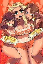 Rule 34 | 3girls, ;d, aqua eyes, armpits, blonde hair, blue eyes, blush, borrowed character, breasts, brown eyes, brown hair, cleavage, clothes writing, curvy, employee uniform, eyebrows, food, gashi-gashi, girl sandwich, green eyes, grin, hooters, large breasts, leg warmers, long hair, looking at viewer, mayonnaise, midriff, multiple girls, navel, no legwear, one eye closed, open mouth, original, red eyes, sandwiched, shiny skin, short shorts, shorts, simple background, smile, sweat, tank top, taut clothes, thick eyebrows, thick thighs, thigh gap, thighs, tray, uniform, waitress, wet, wet clothes, wide hips