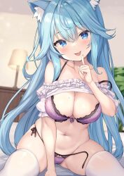 Rule 34 | 1girl, animal ear fluff, animal ears, arm between legs, artist request, bed, bed sheet, blue eyes, blue hair, blush, bra, breasts, cleavage, clothes lift, commentary request, frilled shirt, frills, hair between eyes, highres, indie virtual youtuber, indoors, kanase ito, lamp, large breasts, long hair, looking at viewer, navel, on bed, panties, plant, potted plant, purple bra, purple panties, shirt, shirt lift, sidelocks, sitting, solo, thighhighs, thighs, tongue, tongue out, underwear, very long hair, virtual youtuber, white shirt, white thighhighs