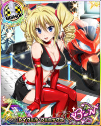 Rule 34 | 10s, 1girl, :d, artist request, bishop (chess), blonde hair, blue eyes, breasts, card (medium), character name, chess piece, cleavage, drill hair, fingerless gloves, gloves, high school dxd, high school dxd born, large breasts, long legs, midriff, motor vehicle, open mouth, race queen, ravel phenex, red legwear, smile, solo, trading card, twin drills, vehicle