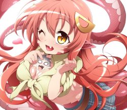Rule 34 | 10s, 1boy, 1girl, :d, akasyabotan, bad id, bad pixiv id, between breasts, blood, breasts, fang, hair ornament, hairclip, heart, heart-shaped pupils, kurusu kimihito, lamia, long hair, miia (monster musume), monster girl, monster musume no iru nichijou, nosebleed, one eye closed, open mouth, pointy ears, red hair, scales, shirt, simple background, skirt, slit pupils, smile, symbol-shaped pupils, tied shirt, unmoving pattern, very long hair, white background, yellow eyes