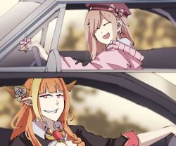 Rule 34 | 2girls, ^ ^, bow, car, closed eyes, diagonal-striped bow, dragon girl, dragon horns, fast &amp; furious, furious 7, grin, hololive, horns, kiryu coco, kiryu coco (1st costume), lawzanid, light brown hair, motor vehicle, multiple girls, nijisanji, orange hair, parody, red eyes, smile, suzuhara lulu, the fast and the furious, trait connection, virtual youtuber