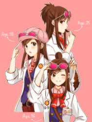 Rule 34 | 3girls, :o, ;), ace attorney, adjusting eyewear, age progression, badge, bag, belt, black belt, blue vest, blush, bow, bowtie, brown bag, brown hair, brown pants, button badge, buttons, closed mouth, coat, collared shirt, cropped legs, dot nose, eating, ema skye, english text, green eyes, half updo, hand on eyewear, hand on own hip, hat tip, headwear request, kisaragi ichigo, lapels, looking at viewer, multiple girls, multiple persona, name tag, necktie, one eye closed, outline, pants, pink-tinted eyewear, pink background, pink bag, pink headwear, pink shirt, profile, red bow, red bowtie, red necktie, shirt, shoulder bag, sidelocks, sleeves rolled up, smile, split mouth, striped necktie, swept bangs, tinted eyewear, topknot, upper body, vest, white-framed eyewear, white coat, white outline