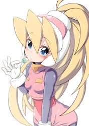 Rule 34 | 1girl, blonde hair, blue eyes, blush, breasts, candy, ciel (mega man), cowboy shot, food, gloves, hair between eyes, headgear, high ponytail, holding, holding candy, holding food, holding lollipop, leaning forward, lollipop, long hair, mega man (series), mega man zero (series), open mouth, pink skirt, ponytail, semikichi, simple background, skirt, small breasts, solo, white background, white gloves