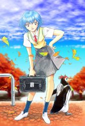 Rule 34 | 1girl, autumn, autumn leaves, ayanami rei, bag, blue eyes, blue sky, day, e-senmio, hand on own hip, leaf, looking at viewer, nature, neon genesis evangelion, open mouth, penpen, red eyes, school uniform, shoes, skirt, sky, solo, tree, white footwear