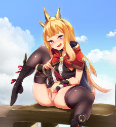 Rule 34 | 10s, 1girl, blonde hair, blush, cagliostro (granblue fantasy), crown, female masturbation, fingering, granblue fantasy, licking lips, long hair, looking at viewer, masturbation, no panties, purple eyes, pussy, smile, solo, ten piboshi, thighhighs, tongue, tongue out, uncensored