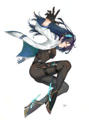 Rule 34 | 1girl, armor, armored boots, artist name, black bodysuit, black gloves, black hair, blue hair, bodysuit, boots, breasts, brown eyes, from side, full body, gloves, gradient hair, grin, headgear, highres, holster, jacket, long sleeves, looking at viewer, looking to the side, medium breasts, multicolored hair, open clothes, open jacket, original, parted bangs, parted lips, simple background, smile, solo, thigh holster, uyu (keyakinoki), white background, white jacket, yellow eyes