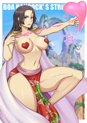 Rule 34 | 1girl, amazon lily, arrow (projectile), black hair, blue eyes, blue sky, boa hancock, breasts, cape, earrings, english text, heart, jewelry, looking at viewer, one piece, outdoors, pasties, redjet, sky, solo, standing, standing on one leg, tagme