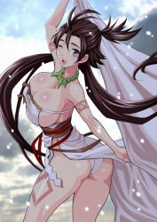Rule 34 | 1girl, ass, bare shoulders, body markings, breasts, brown eyes, brown hair, cleavage, dress, facial mark, fate/grand order, fate (series), forehead, forehead mark, himiko (fate), jewelry, large breasts, long hair, looking at viewer, magatama, magatama necklace, necklace, sash, shiny skin, side slit, sideboob, thighs, topknot, twintails, white dress, yukiyanagi