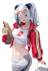 Rule 34 | 1girl, absurdres, animal ears, arknights, black hair, blurry, breasts, commentary request, cup, disposable cup, eyewear on head, fang, feater (arknights), feater (gourmet) (arknights), grey pants, hair over one eye, highres, holding, holding cup, jacket, large breasts, long sleeves, looking at viewer, midriff, multicolored hair, navel, official alternate costume, open clothes, open jacket, open mouth, outdoors, panda ears, panda girl, pants, puffy long sleeves, puffy sleeves, red jacket, round eyewear, shirt, simple background, skin fang, smile, solo, sonna watashi, stomach, streaked hair, white background, white hair, white shirt, yellow eyes