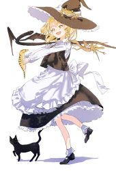 Rule 34 | 1girl, animal, animal on head, back bow, black cat, black dress, black footwear, black hat, black skirt, black vest, blonde hair, blush, bobby socks, bow, braid, buttons, cat, commentary, creature, dress, evil dragon (touhou), eyelashes, frilled dress, frills, frog, full body, hair between eyes, happy, hat, hat bow, highres, holding, kirisame marisa, long hair, long sleeves, maitenn03, mary janes, on head, open mouth, puffy short sleeves, puffy sleeves, sash, shoes, short sleeves, simple background, single braid, skirt, slit pupils, socks, solo, symbol-only commentary, touhou, tsuchinoko, twitter username, vest, whiskers, white background, white bow, white sash, white socks, witch hat, yellow eyes, ||/
