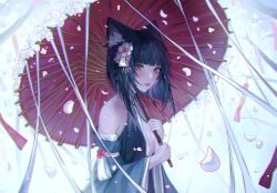 Rule 34 | 1girl, absurdres, animal ear fluff, animal ears, black hair, blunt bangs, blush, braid, breasts, brown eyes, cat ears, cherry blossoms, cleavage, commentary, dated commentary, detached sleeves, english commentary, gweni, hair ornament, highres, holding, holding umbrella, lipstick, long sleeves, looking at viewer, makeup, medium breasts, medium hair, oil-paper umbrella, original, parted lips, petals, red lips, ribbon, solo, umbrella, upper body, white ribbon, wide sleeves, wind