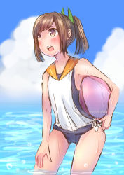 Rule 34 | 10s, 1girl, ball, brown eyes, brown hair, cloud, day, highres, i-401 (kancolle), kantai collection, mochiko (mocchikkoo), ocean, one-piece swimsuit, open mouth, ponytail, sailor collar, school swimsuit, school uniform, short hair, sky, solo, swimsuit, swimsuit under clothes, water