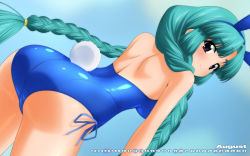 Rule 34 | 1girl, aqua hair, ass, august, blue background, blue leotard, blush, braid, breasts, calendar, canal vorfeed, cleavage, cowboy shot, detached collar, detached sleeves, facial mark, forehead mark, from behind, green hair, highres, large breasts, leotard, long hair, looking at viewer, looking back, lost universe, playboy bunny, purple eyes, rabbit girl, rabbit tail, shiny clothes, shiny skin, simple background, smile, solo, sugimura tomokazu, tail, twin braids, wallpaper