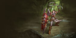 Rule 34 | 1boy, absurdres, armor, bandages, boots, bottle, brown footwear, earrings, highres, holding, holding bottle, holding shield, jewelry, ji zhang, league of legends, male focus, no pupils, pauldrons, pelvic curtain, shield, shoulder armor, singed, solo, spiked hair, spiked pauldrons, spiked shield, standing