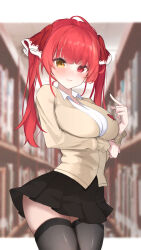 Rule 34 | 1girl, absurdres, arm under breasts, black skirt, black thighhighs, blurry, blurry background, blush, book, bookshelf, breasts, brown sweater, closed mouth, collared shirt, commentary, cowboy shot, hair ribbon, haku (liiixixixiii), heterochromia, highres, hololive, houshou marine, jacket, large breasts, letterboxed, long hair, long sleeves, outside border, pleated skirt, pointing, pointing at self, red eyes, red hair, red ribbon, ribbon, shirt, skirt, solo, sweater, thighhighs, twintails, virtual youtuber, white shirt, yellow eyes
