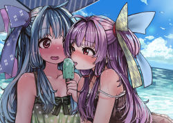 Rule 34 | 2girls, ahoge, alternate hair color, bare shoulders, bird, blue hair, blue sky, blush, bow, brown dress, cloud, collarbone, day, dress, food, green bow, hair intakes, hair ornament, highres, holding food, holding ice cream, ice cream, kotonoha akane, kotonoha aoi, light blue hair, long hair, microa, mint chocolate, mint chocolate chip, motion lines, multiple girls, nose blush, one side up, open mouth, outdoors, polka dot, purple hair, red eyes, seagull, siblings, sisters, sky, strap slip, sweat, teeth, tongue, tongue out, voiceroid, water