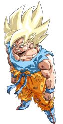 Rule 34 | 1boy, angry, blue footwear, blue sash, blue shirt, blue wristband, boots, commentary request, dragon ball, dragonball z, from above, green eyes, grin, highres, muscular, muscular male, orange pants, pants, reeya, sash, shirt, simple background, sleeveless, sleeveless shirt, smile, son goku, spiked hair, super saiyan, super saiyan 1, torn clothes, torn pants, torn sleeves, v-shaped eyebrows, white background