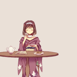 Rule 34 | 00s, 1girl, blowing, brown hair, chair, choker, closed eyes, cookie, cup, facing viewer, floral print, flower, food, hairband, japanese clothes, kanzaki sumire, kimono, magazine (object), mole, mole under eye, obi, plate, purple background, sakura taisen, sash, saucer, short hair, simple background, sitting, solo, steam, table, teacup, teapot, violet (flower), wato