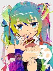Rule 34 | 1girl, 39, aqua hair, bad id, bad pixiv id, bare shoulders, blue eyes, breasts, cable, character name, cleavage, collar, collarbone, commentary, detached sleeves, earrings, facial tattoo, fingers to mouth, gradient hair, green hair, hair ornament, hand on own chest, hatsune miku, jewelry, looking at viewer, multicolored eyes, multicolored hair, multicolored nails, nail polish, ring, smile, solo, sparkle, tattoo, tongue, tongue out, twintails, vocaloid, watch, wkchi