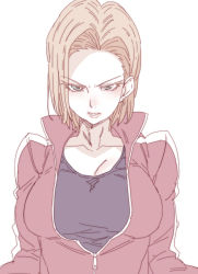 Rule 34 | 1girl, android 18, blonde hair, blue eyes, blue shirt, blush, breasts, commentary request, dragon ball, dragonball z, high collar, highres, jacket, large breasts, long sleeves, looking at viewer, medium hair, pale color, parted lips, red jacket, shirt, simple background, solo, tasaka shinnosuke, unzipped, white background, zipper