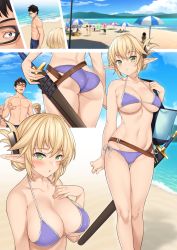 Rule 34 | 1girl, :o, aegis (takunomi), ass, bag, bare legs, beach, beach umbrella, belt, bikini, black-framed eyewear, blonde hair, blush, breasts, cleavage, collar, comic, commentary request, day, dimples of venus, elf, faceless, faceless male, folded ponytail, glasses, gluteal fold, hand on own chest, highres, large breasts, looking at viewer, mountainous horizon, multiple boys, navel, ocean, original, outdoors, parted lips, pointy ears, ribbon, sheath, sheathed, short hair, side-tie bikini bottom, silent comic, standing, stomach, swimsuit, sword, takunomi, thigh gap, topless male, umbrella, underboob, water, weapon, white ribbon