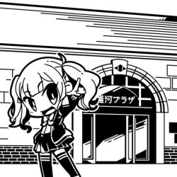 Rule 34 | 1girl, arm at side, blunt bangs, bow, bowtie, building, cevio, chibi, commentary request, contrapposto, glass door, greyscale, jacket, long hair, long sleeves, looking at viewer, lowres, monochrome, moyasiwhite, natsuki karin, open clothes, open jacket, open mouth, otaru (hokkaido), outdoors, pleated skirt, pointing, pointing forward, real world location, second-party source, shirt, skirt, sliding doors, smile, solo, standing, synthesizer v, thighhighs, twintails