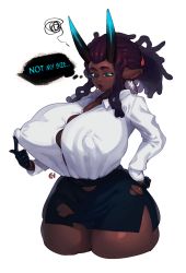 Rule 34 | 1girl, animal ears, black gloves, black horns, black skirt, breasts, bursting breasts, cleavage, commentary, covered erect nipples, cowboy shot, cropped legs, curvy, dark-skinned female, dark skin, demon girl, dreadlocks, earrings, eigaka, english commentary, english text, female focus, gigantic breasts, gloves, hair pulled back, half gloves, hand on own hip, highres, hoop earrings, horns, huge breasts, huge nipples, jewelry, keri (eigaka), lips, long hair, looking down, miniskirt, nose, office lady, original, pencil skirt, purple hair, shirt, side slit, simple background, skin-covered horns, skindentation, skirt, solo, squiggle, thick eyebrows, thick thighs, thighs, thought bubble, torn clothes, torn skirt, undersized clothes, very dark skin, white shirt, wide hips