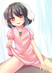 Rule 34 | animal ears, black hair, carrot necklace, clothes lift, inaba tewi, necklace, niiya, puffy short sleeves, puffy sleeves, rabbit ears, red eyes, shirt, shirt lift, short hair, short sleeves, solo, sweat, touhou