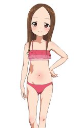Rule 34 | 1girl, absurdres, bikini, breasts, brown eyes, collarbone, commentary request, feet out of frame, forehead, frilled bikini, frills, hand in pocket, highres, karakai jouzu no takagi-san, looking at viewer, nanashi (pixiv95635106), official alternate costume, pink bikini, simple background, small breasts, smile, solo, swimsuit, takagi-san, white background