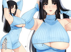 Rule 34 | 1girl, armpits, arms up, bare shoulders, blue dress, breasts, character request, copyright request, covered erect nipples, covered navel, cowboy shot, detached sleeves, dress, earrings, eyeshadow, highres, jewelry, large breasts, light smile, lips, long hair, looking to the side, makeup, mole, mole under mouth, multiple views, nush (xter), simple background, upper body, white background, xter, zipper, zipper pull tab