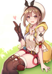 Rule 34 | 1girl, :d, atelier (series), atelier ryza, atelier ryza 1, breasts, brown eyes, brown gloves, brown hair, brown thighhighs, cleavage, gloves, hair ornament, hairclip, hat, heart, heart-shaped pupils, highres, jewelry, kana (ky4696), looking at viewer, medium breasts, navel, necklace, open mouth, red shorts, reisalin stout, short hair, short shorts, shorts, simple background, single glove, sitting, smile, solo, star (symbol), symbol-shaped pupils, thighhighs, thighs, white background, white hat, white thighhighs
