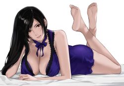 Rule 34 | barefoot, black hair, blue dress, breasts, dress, grabbing another&#039;s chin, huge breasts, lying, on stomach, smile, tifa lockhart, tifa lockhart&#039;s refined dress