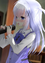 Rule 34 | 1girl, blue bow, blue bowtie, blue eyes, blue hair, blue vest, blurry, blush, bow, bowtie, buttons, collared shirt, commentary request, depth of field, ehoumaki, flat chest, food, gochuumon wa usagi desu ka?, hair ornament, hairclip, highres, holding, holding food, indoors, kafuu chino, kouda suzu, light blue hair, long hair, long sleeves, looking to the side, makizushi, open mouth, rabbit house uniform, saliva, saliva trail, sexually suggestive, shirt, sidelocks, solo, sushi, tongue, tongue out, two side up, upper body, vest, white shirt, wing collar, x hair ornament